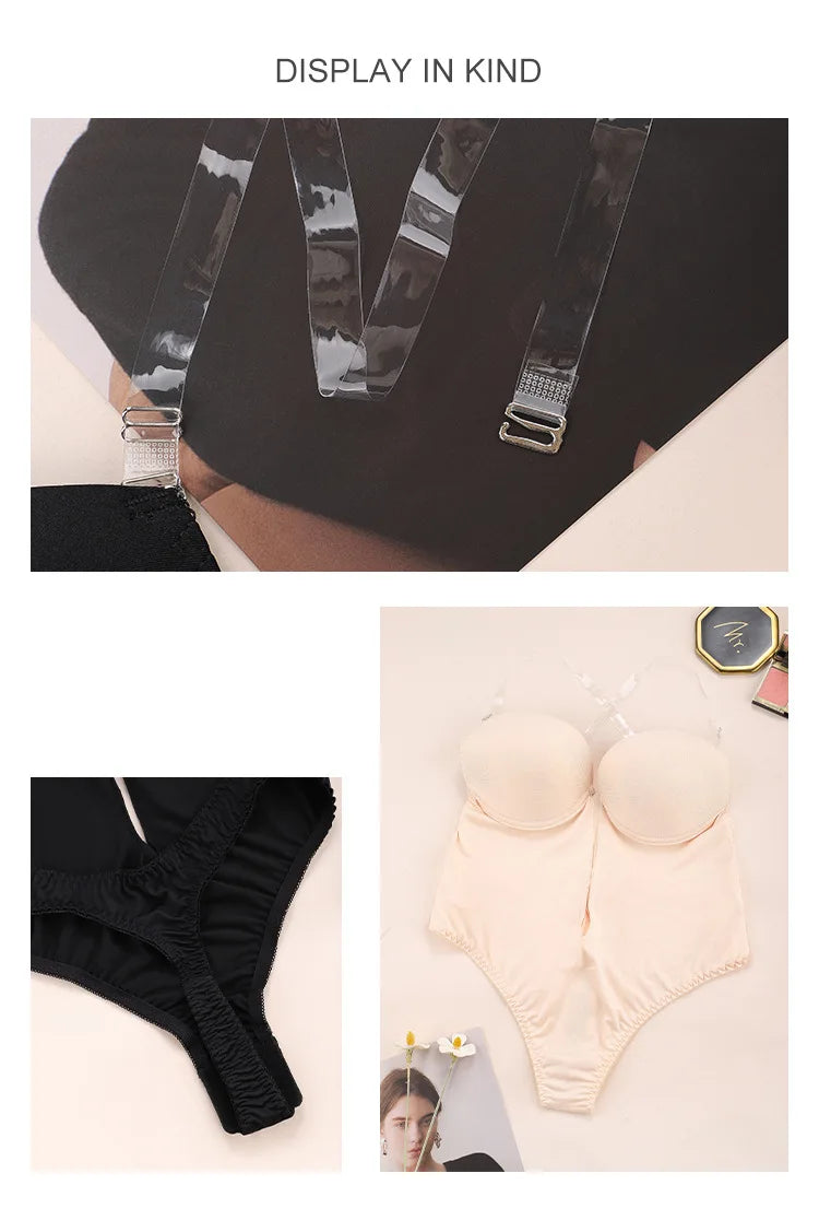 Women Shapers Underwear Backless Bodysuit Shapewear Deep V-Neck Body U Plunge Clear Strap Thong Shaper Padded Push Up Corsets