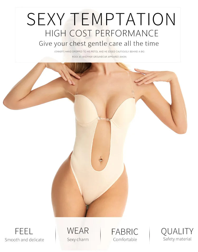 Women Shapers Underwear Backless Bodysuit Shapewear Deep V-Neck Body U Plunge Clear Strap Thong Shaper Padded Push Up Corsets