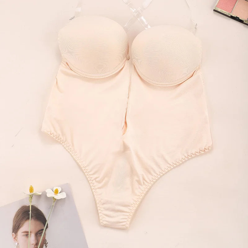 Women Shapers Underwear Backless Bodysuit Shapewear Deep V-Neck Body U Plunge Clear Strap Thong Shaper Padded Push Up Corsets
