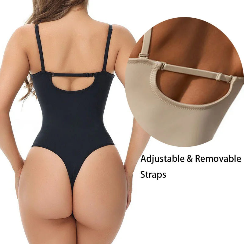 GUUDIA Adjustable Back Closure Lace Bodysuit Body Shaper Thong Spaghetti Strap Shapewear V Neck Bodysuit Tummy Control Tank Suit