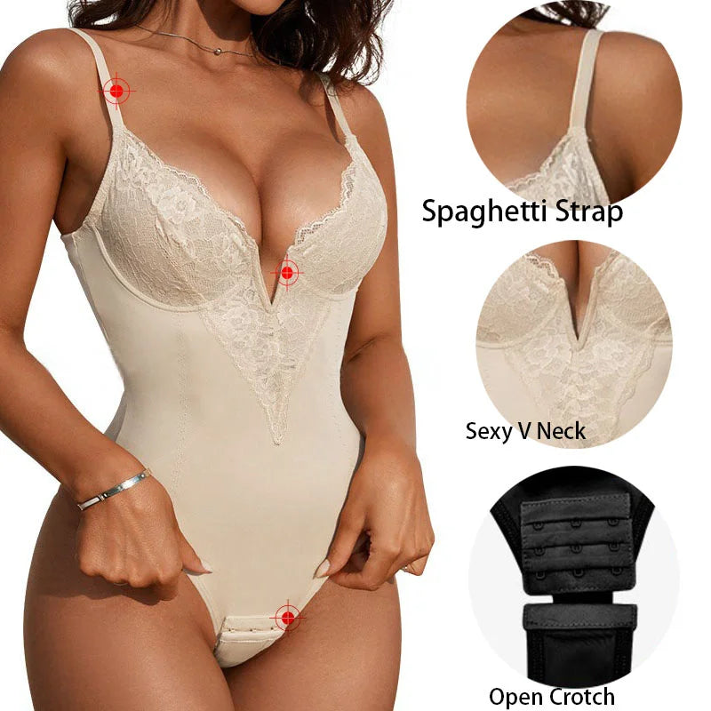 GUUDIA Adjustable Back Closure Lace Bodysuit Body Shaper Thong Spaghetti Strap Shapewear V Neck Bodysuit Tummy Control Tank Suit