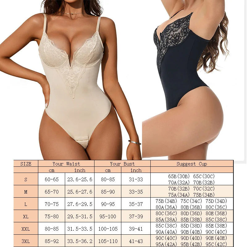 GUUDIA Adjustable Back Closure Lace Bodysuit Body Shaper Thong Spaghetti Strap Shapewear V Neck Bodysuit Tummy Control Tank Suit