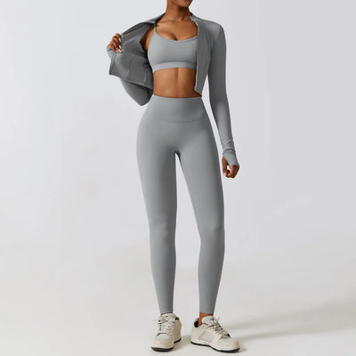 3 Piece Fitness Yoga Set for Women | Solid Color Stretch Sportswear with Bra