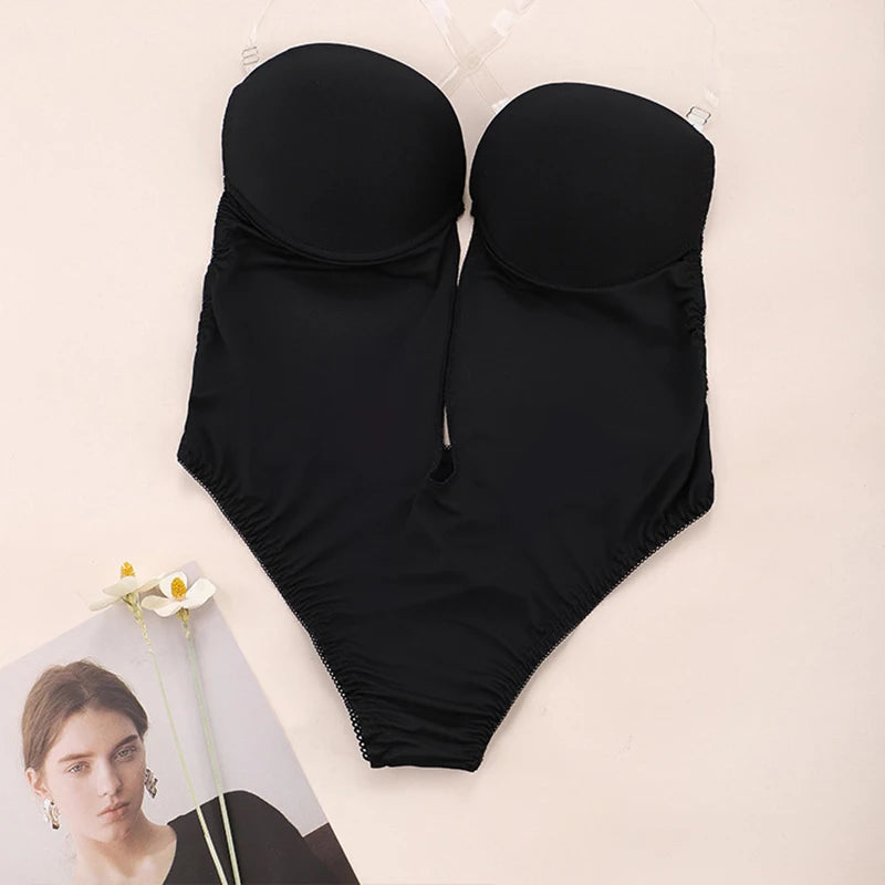 Women Shapers Underwear Backless Bodysuit Shapewear Deep V-Neck Body U Plunge Clear Strap Thong Shaper Padded Push Up Corsets