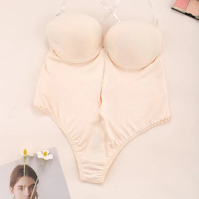 Women Shapers Underwear Backless Bodysuit Shapewear Deep V-Neck Body U Plunge Clear Strap Thong Shaper Padded Push Up Corsets