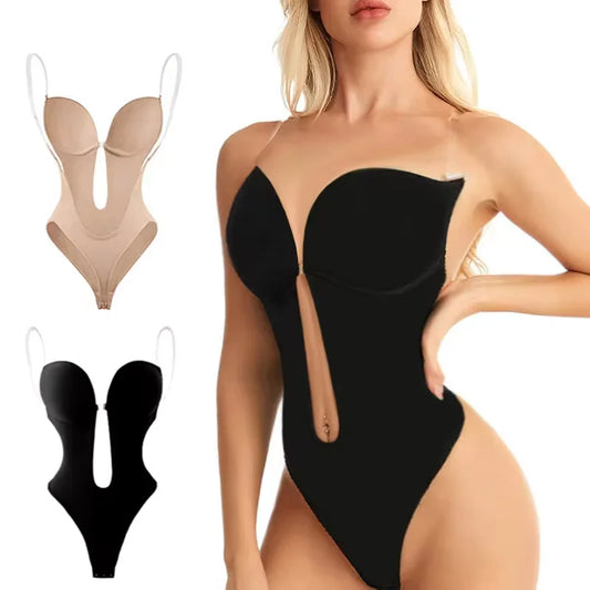 Women Shapers Underwear Backless Bodysuit Shapewear Deep V-Neck Body U Plunge Clear Strap Thong Shaper Padded Push Up Corsets