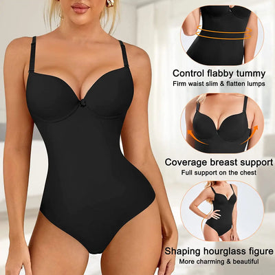 Shapewear Bodysuit for Women | Slimming Waist Trainer V Neck Jumpsuit with Underwire Bra