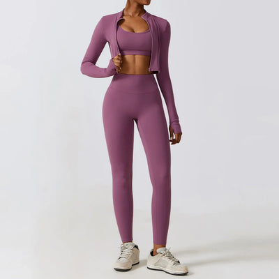 3 Piece Fitness Yoga Set for Women | Solid Color Stretch Sportswear with Bra